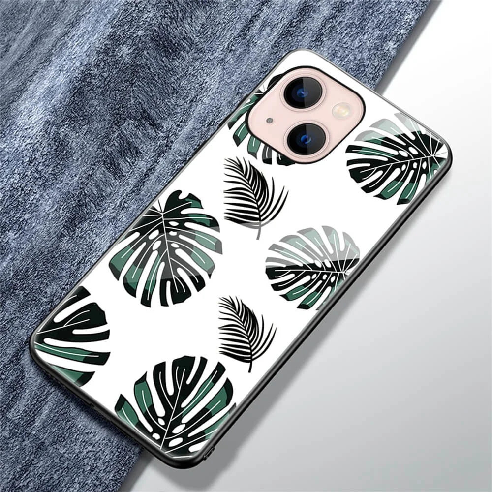Pattern Printing Phone Case for iPhone 13 mini 5.4 inch, Anti-Scratch Tempered Glass+PC Back TPU Frame Hybrid Shockproof Cover - Leaves - 2