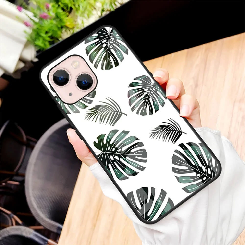 Pattern Printing Phone Case for iPhone 13 mini 5.4 inch, Anti-Scratch Tempered Glass+PC Back TPU Frame Hybrid Shockproof Cover - Leaves - 3