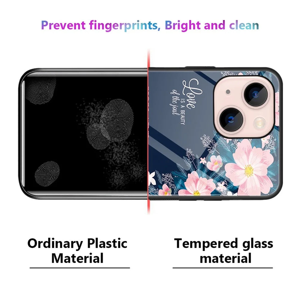 Pattern Printing Phone Case for iPhone 13 mini 5.4 inch, Anti-Scratch Tempered Glass+PC Back TPU Frame Hybrid Shockproof Cover - Leaves - 5