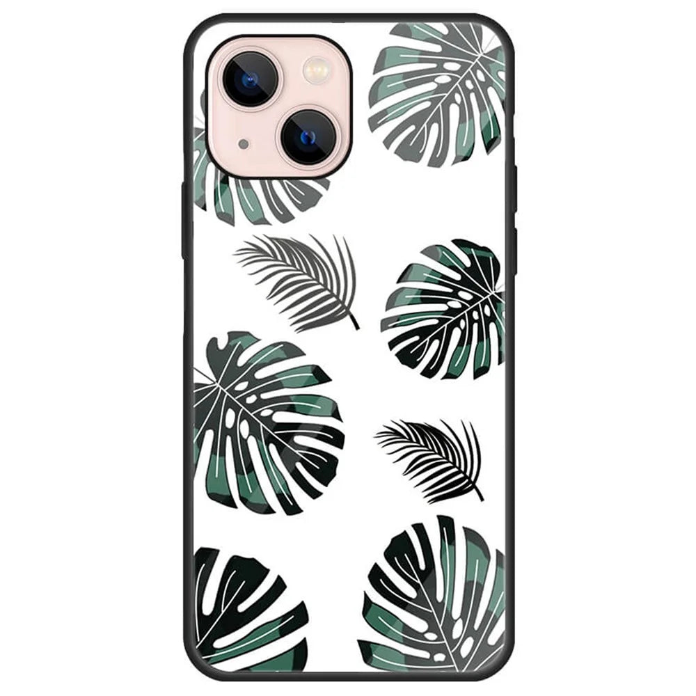 For iPhone 13 6.1 inch Case, Pattern Design Hard Tempered Glass+PC Back TPU Frame Shockproof Cover - Leaves - 1