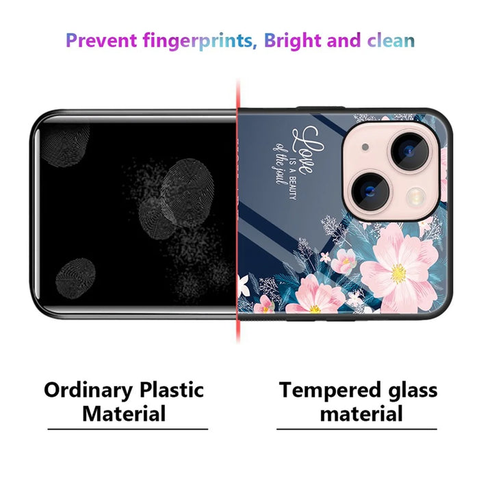 For iPhone 13 6.1 inch Case, Pattern Design Hard Tempered Glass+PC Back TPU Frame Shockproof Cover - Leaves - 5