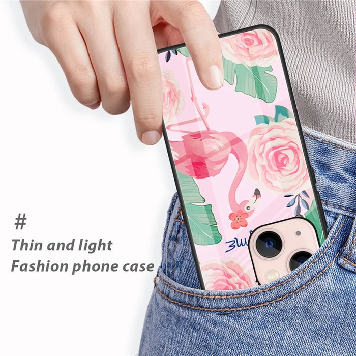For iPhone 13 6.1 inch Case, Pattern Design Hard Tempered Glass+PC Back TPU Frame Shockproof Cover - Leaves - 6