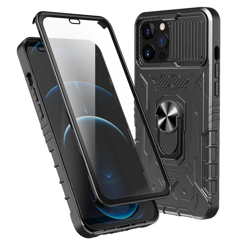 For iPhone 11 Pro Max 6.5 inch All-round Protection Kickstand PC + TPU Phone Case with Tempered Glass Film - Black - 1