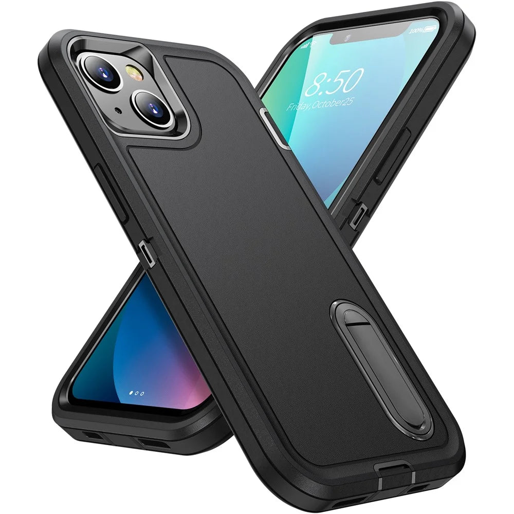For iPhone 13 6.1 inch Defender Series Metal Kickstand PC + TPU Military Anti-drop Protection Phone Case Cover - Black/Black - 1