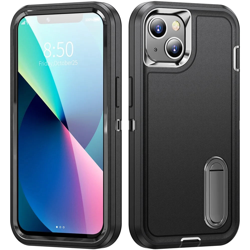For iPhone 13 6.1 inch Defender Series Metal Kickstand PC + TPU Military Anti-drop Protection Phone Case Cover - Black/Black - 2
