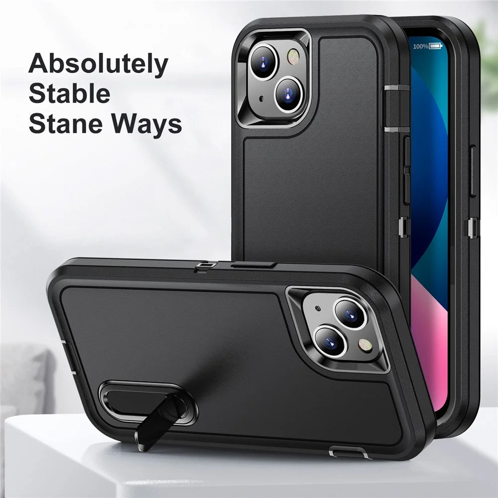 For iPhone 13 6.1 inch Defender Series Metal Kickstand PC + TPU Military Anti-drop Protection Phone Case Cover - Black/Black - 3