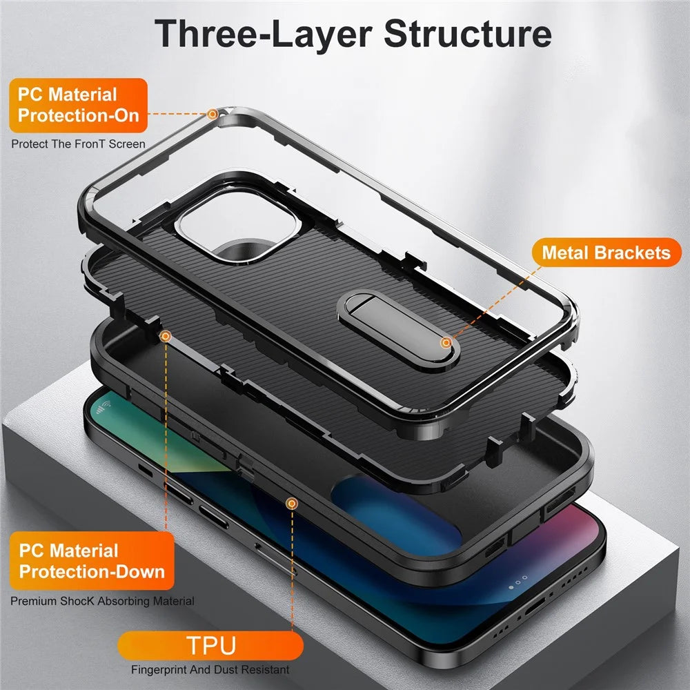 For iPhone 13 6.1 inch Defender Series Metal Kickstand PC + TPU Military Anti-drop Protection Phone Case Cover - Black/Black - 5