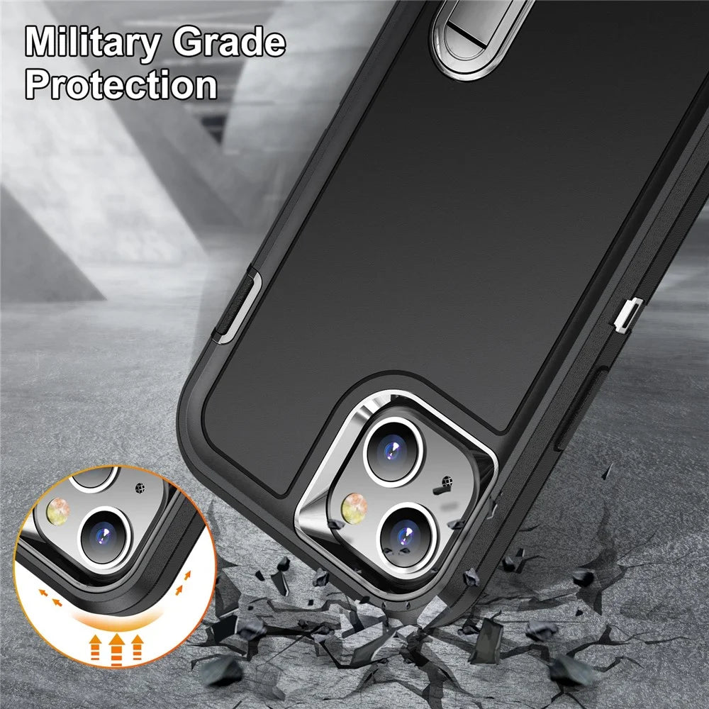 For iPhone 13 6.1 inch Defender Series Metal Kickstand PC + TPU Military Anti-drop Protection Phone Case Cover - Black/Black - 7