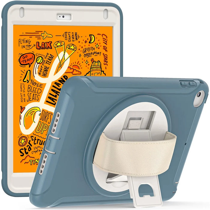 For iPad mini (2019) 7.9 inch/iPad mini 4 Rotary Kickstand PC + Silicone Hybrid Cover Anti-drop Tablet Case with Hand Strap - Cornflower Blue - 1