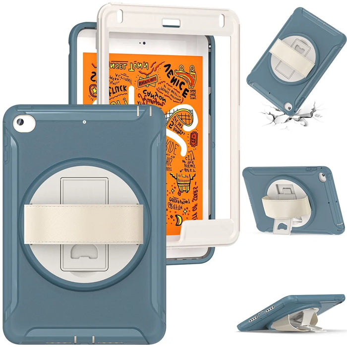 For iPad mini (2019) 7.9 inch/iPad mini 4 Rotary Kickstand PC + Silicone Hybrid Cover Anti-drop Tablet Case with Hand Strap - Cornflower Blue - 3