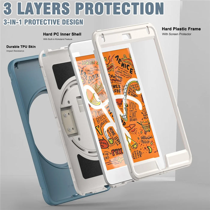 For iPad mini (2019) 7.9 inch/iPad mini 4 Rotary Kickstand PC + Silicone Hybrid Cover Anti-drop Tablet Case with Hand Strap - Cornflower Blue - 6