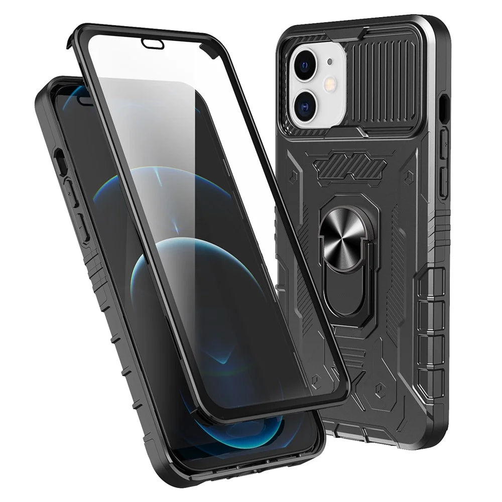 For iPhone 11 6.1 inch Slide Camera Protector Kickstand PC + TPU Hybrid Phone Case Shell with Tempered Glass Film - Black - 1