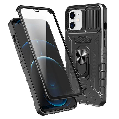 For iPhone 11 6.1 inch Slide Camera Protector Kickstand PC + TPU Hybrid Phone Case Shell with Tempered Glass Film - Black - 1