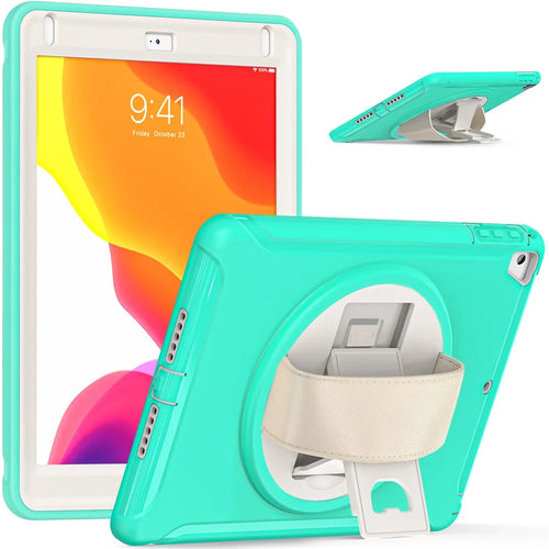 For iPad 9.7-inch (2017)/(2018)/iPad Pro 9.7-inch (2016)/iPad Air (2013)/Air 2 PC + Silicone Case  Rotary Kickstand Tablet Protective Cover with Hand Strap - Mint Green - 1