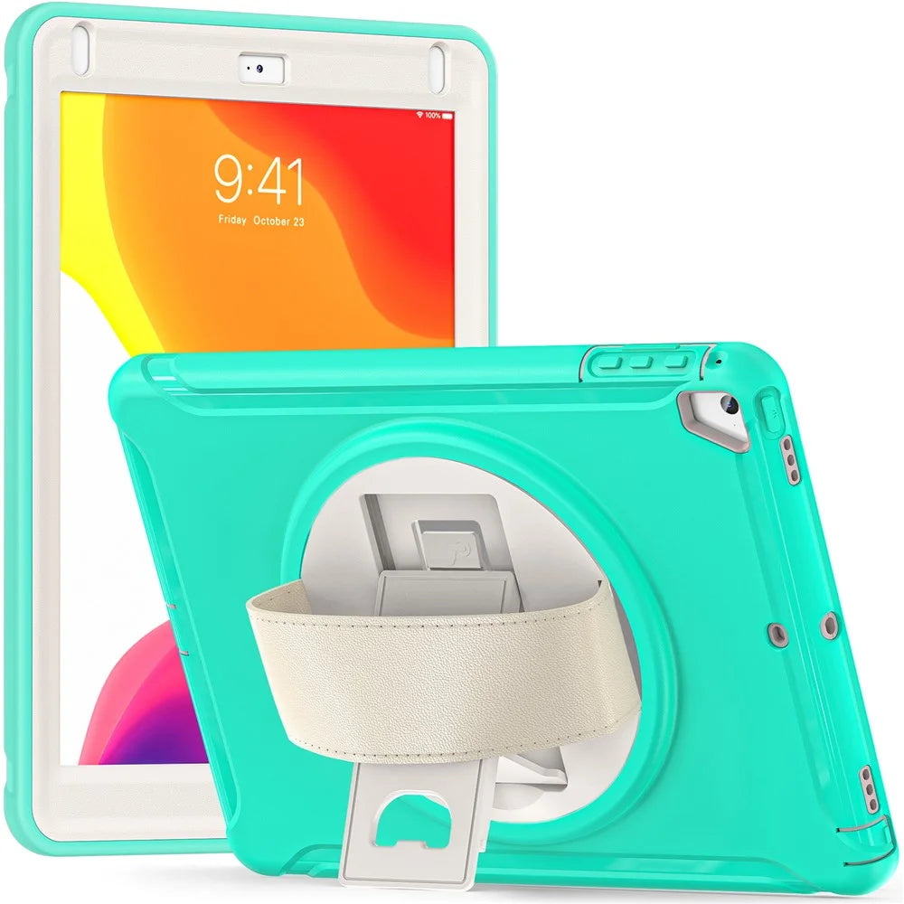 For iPad 9.7-inch (2017)/(2018)/iPad Pro 9.7-inch (2016)/iPad Air (2013)/Air 2 PC + Silicone Case  Rotary Kickstand Tablet Protective Cover with Hand Strap - Mint Green - 2