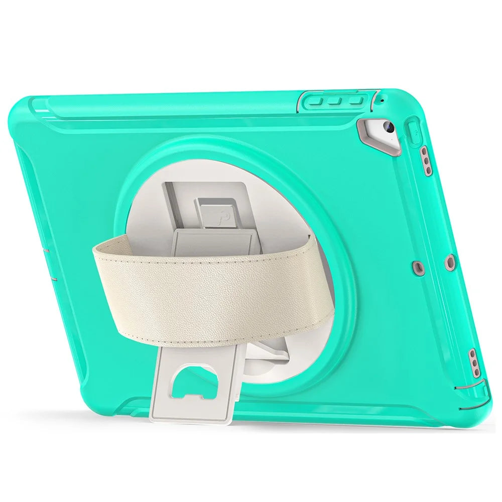 For iPad 9.7-inch (2017)/(2018)/iPad Pro 9.7-inch (2016)/iPad Air (2013)/Air 2 PC + Silicone Case  Rotary Kickstand Tablet Protective Cover with Hand Strap - Mint Green - 3