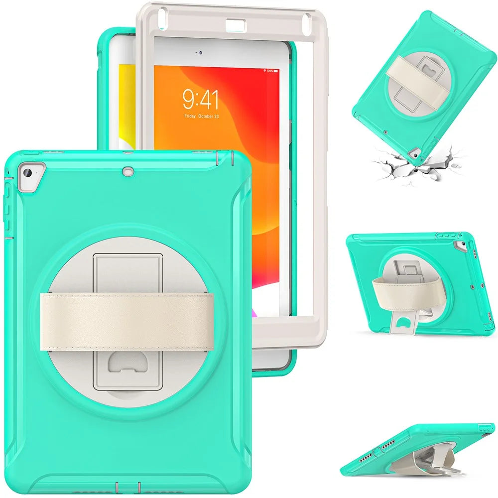 For iPad 9.7-inch (2017)/(2018)/iPad Pro 9.7-inch (2016)/iPad Air (2013)/Air 2 PC + Silicone Case  Rotary Kickstand Tablet Protective Cover with Hand Strap - Mint Green - 4