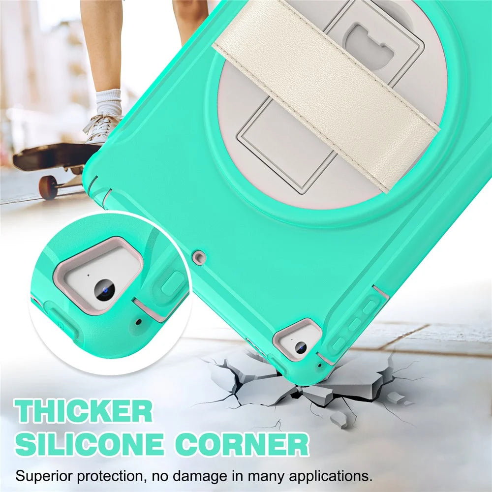 For iPad 9.7-inch (2017)/(2018)/iPad Pro 9.7-inch (2016)/iPad Air (2013)/Air 2 PC + Silicone Case  Rotary Kickstand Tablet Protective Cover with Hand Strap - Mint Green - 5
