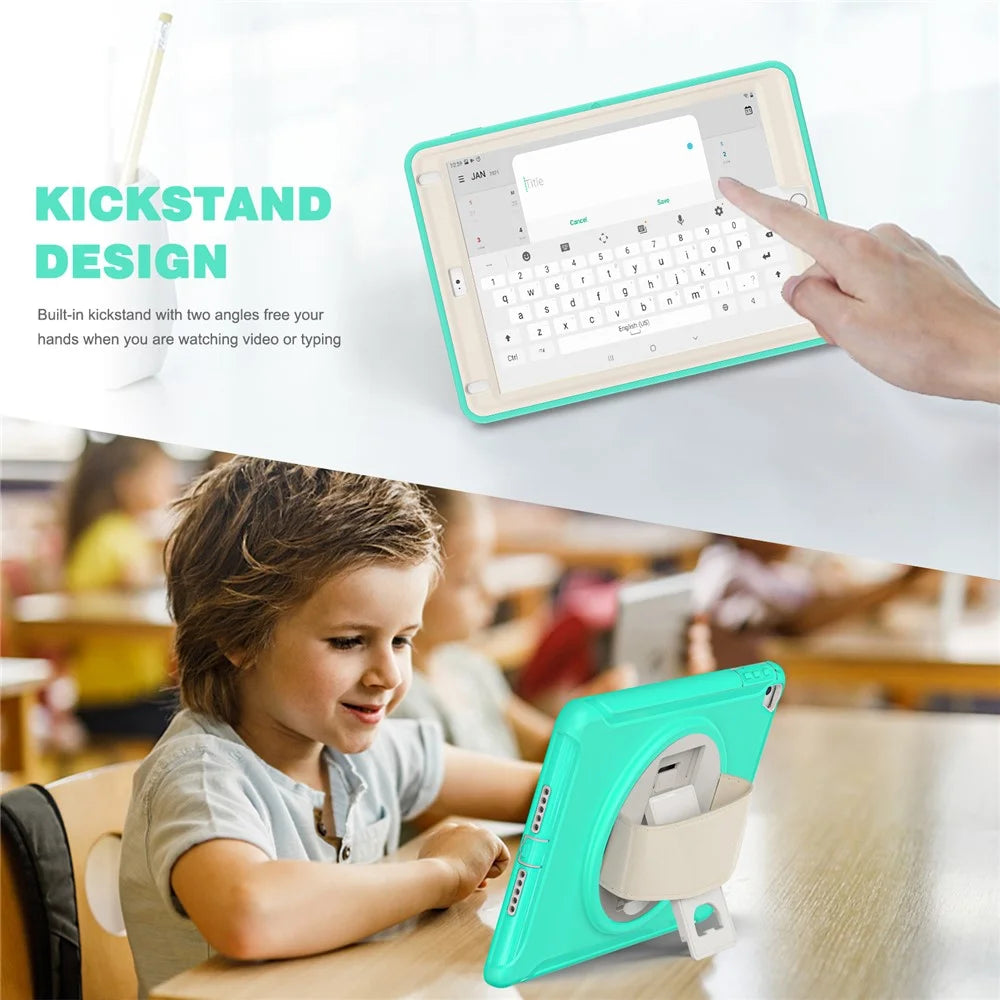 For iPad 9.7-inch (2017)/(2018)/iPad Pro 9.7-inch (2016)/iPad Air (2013)/Air 2 PC + Silicone Case  Rotary Kickstand Tablet Protective Cover with Hand Strap - Mint Green - 6