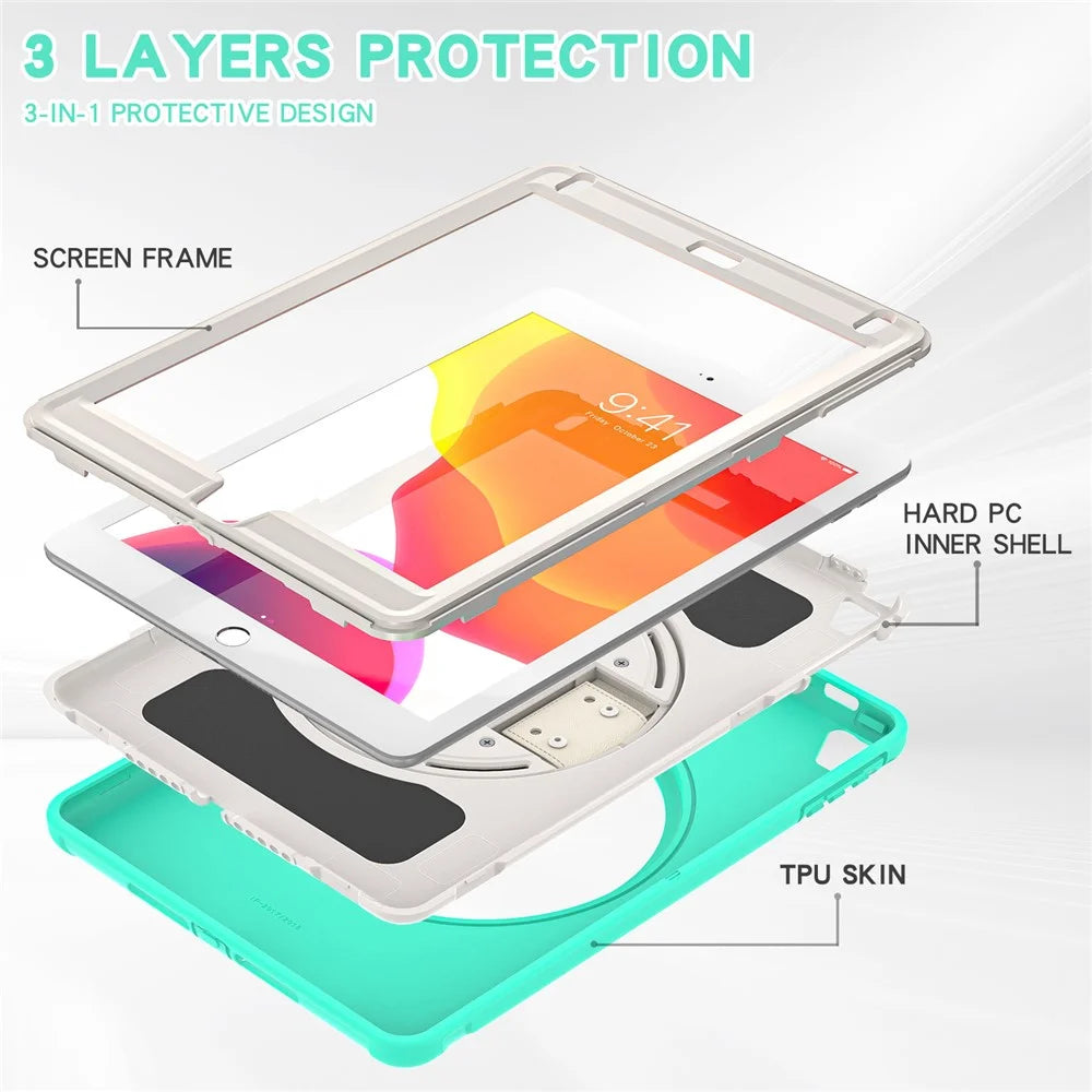 For iPad 9.7-inch (2017)/(2018)/iPad Pro 9.7-inch (2016)/iPad Air (2013)/Air 2 PC + Silicone Case  Rotary Kickstand Tablet Protective Cover with Hand Strap - Mint Green - 7