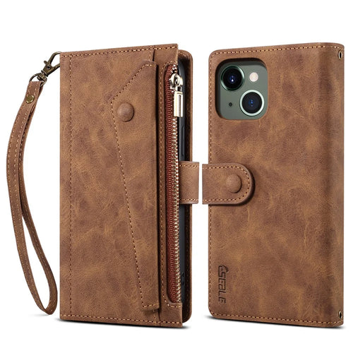 ESEBLE For iPhone 13 6.1 inch Anti-scratch Cell Phone Cover Zipper Pocket Wallet Stand Shockproof Phone Case Bag with Wrist Strap - Brown - 1