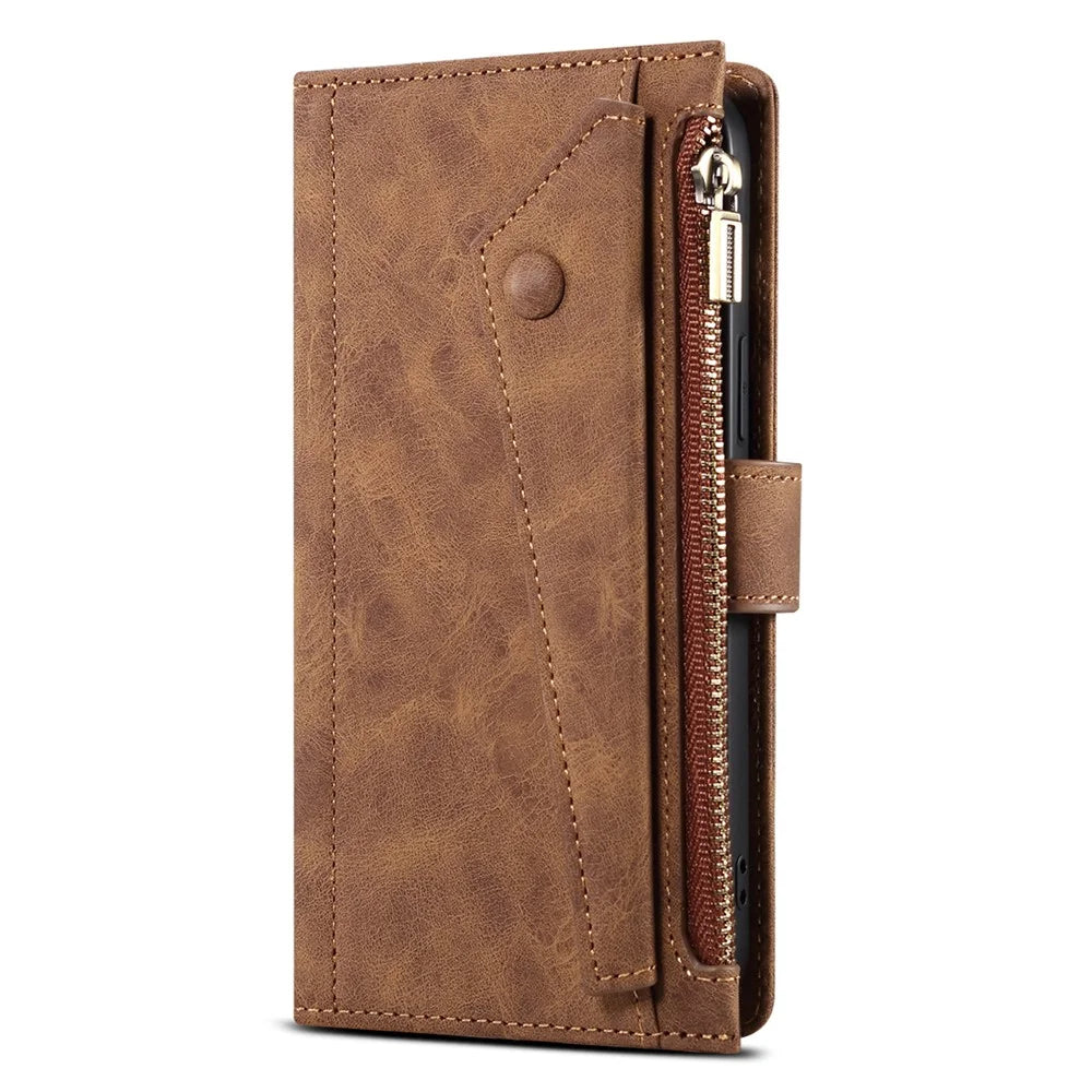 ESEBLE For iPhone 13 6.1 inch Anti-scratch Cell Phone Cover Zipper Pocket Wallet Stand Shockproof Phone Case Bag with Wrist Strap - Brown - 2