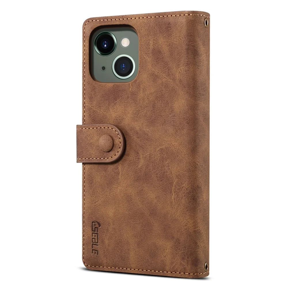 ESEBLE For iPhone 13 6.1 inch Anti-scratch Cell Phone Cover Zipper Pocket Wallet Stand Shockproof Phone Case Bag with Wrist Strap - Brown - 3