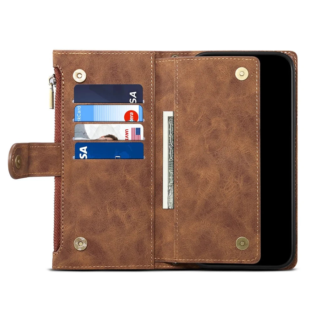 ESEBLE For iPhone 13 6.1 inch Anti-scratch Cell Phone Cover Zipper Pocket Wallet Stand Shockproof Phone Case Bag with Wrist Strap - Brown - 4