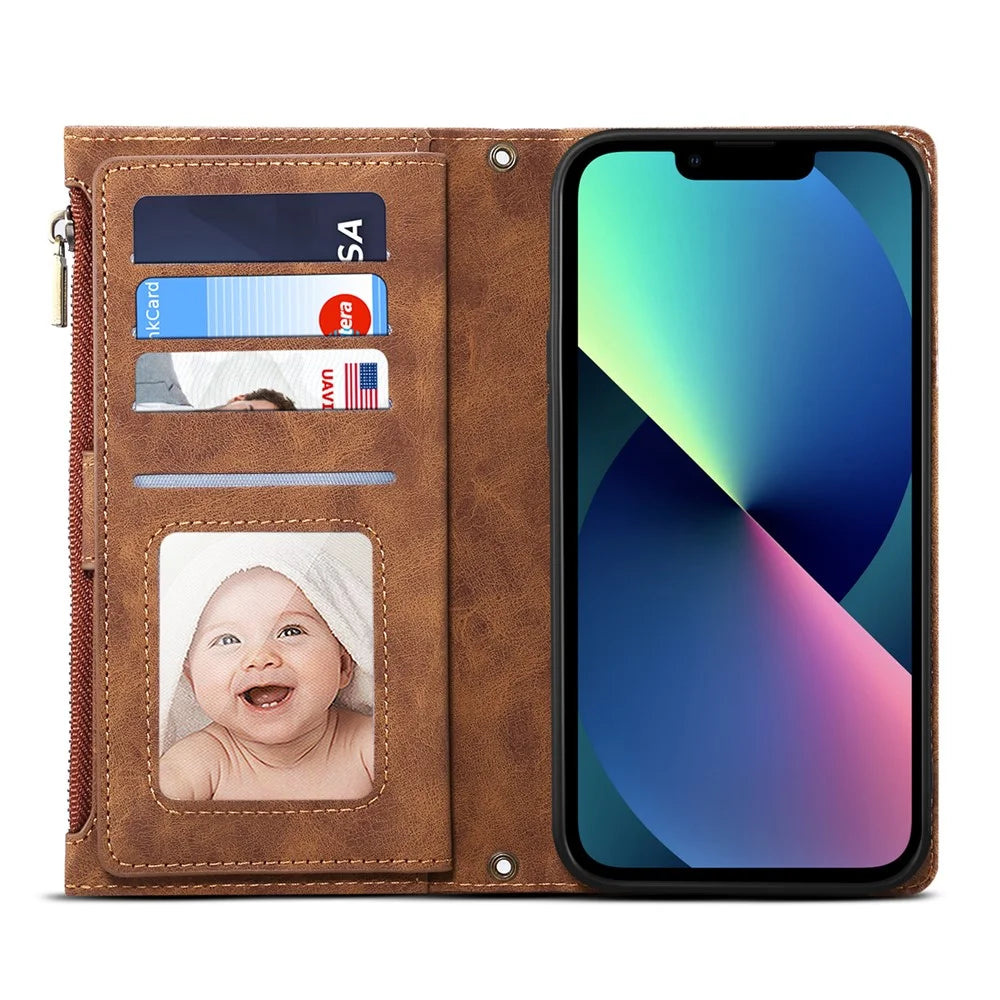 ESEBLE For iPhone 13 6.1 inch Anti-scratch Cell Phone Cover Zipper Pocket Wallet Stand Shockproof Phone Case Bag with Wrist Strap - Brown - 5