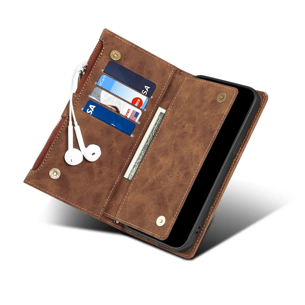ESEBLE For iPhone 13 6.1 inch Anti-scratch Cell Phone Cover Zipper Pocket Wallet Stand Shockproof Phone Case Bag with Wrist Strap - Brown - 7