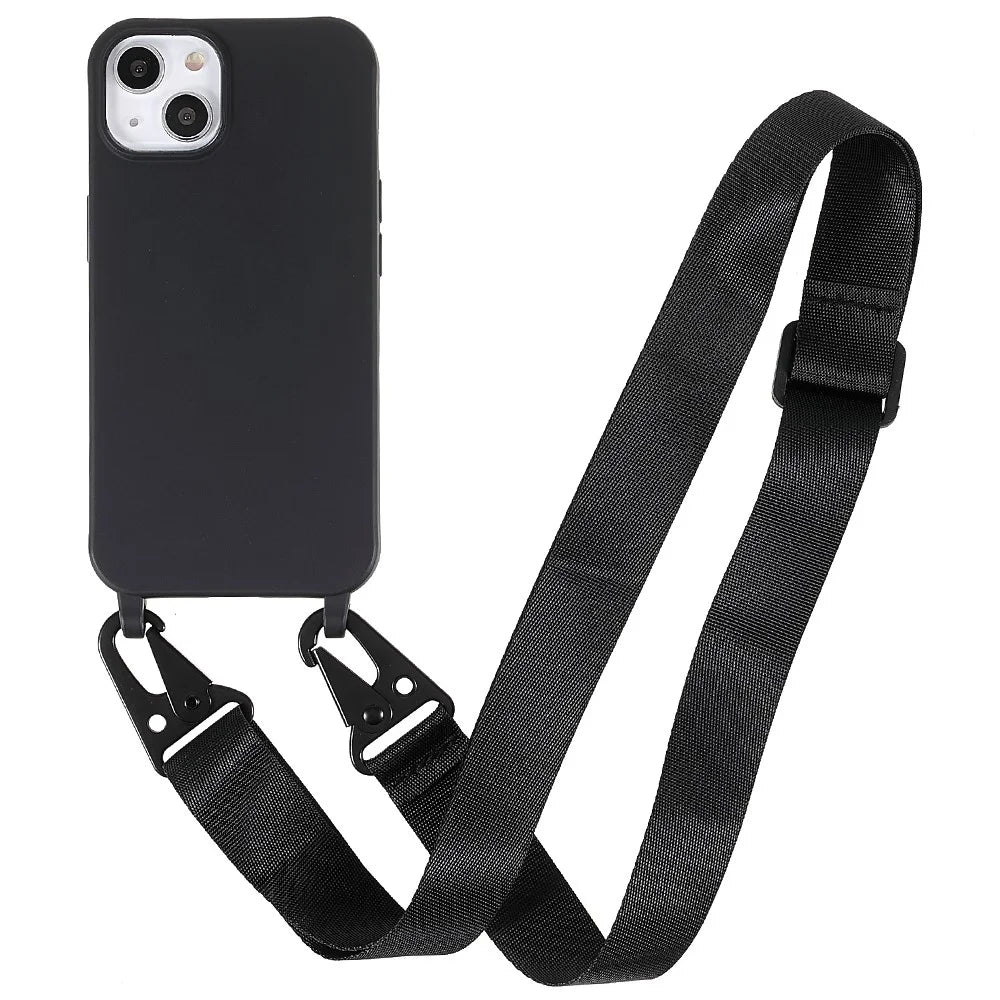 For iPhone 13 6.1 inch Soft TPU Matte Finish Protective Cell Phone Back Cover with Shoulder Strap - Black - 1