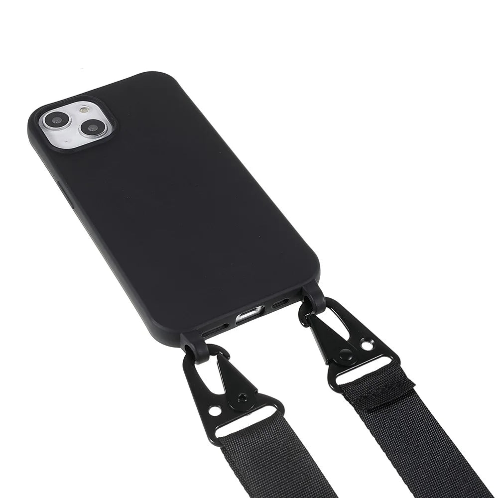 For iPhone 13 6.1 inch Soft TPU Matte Finish Protective Cell Phone Back Cover with Shoulder Strap - Black - 3