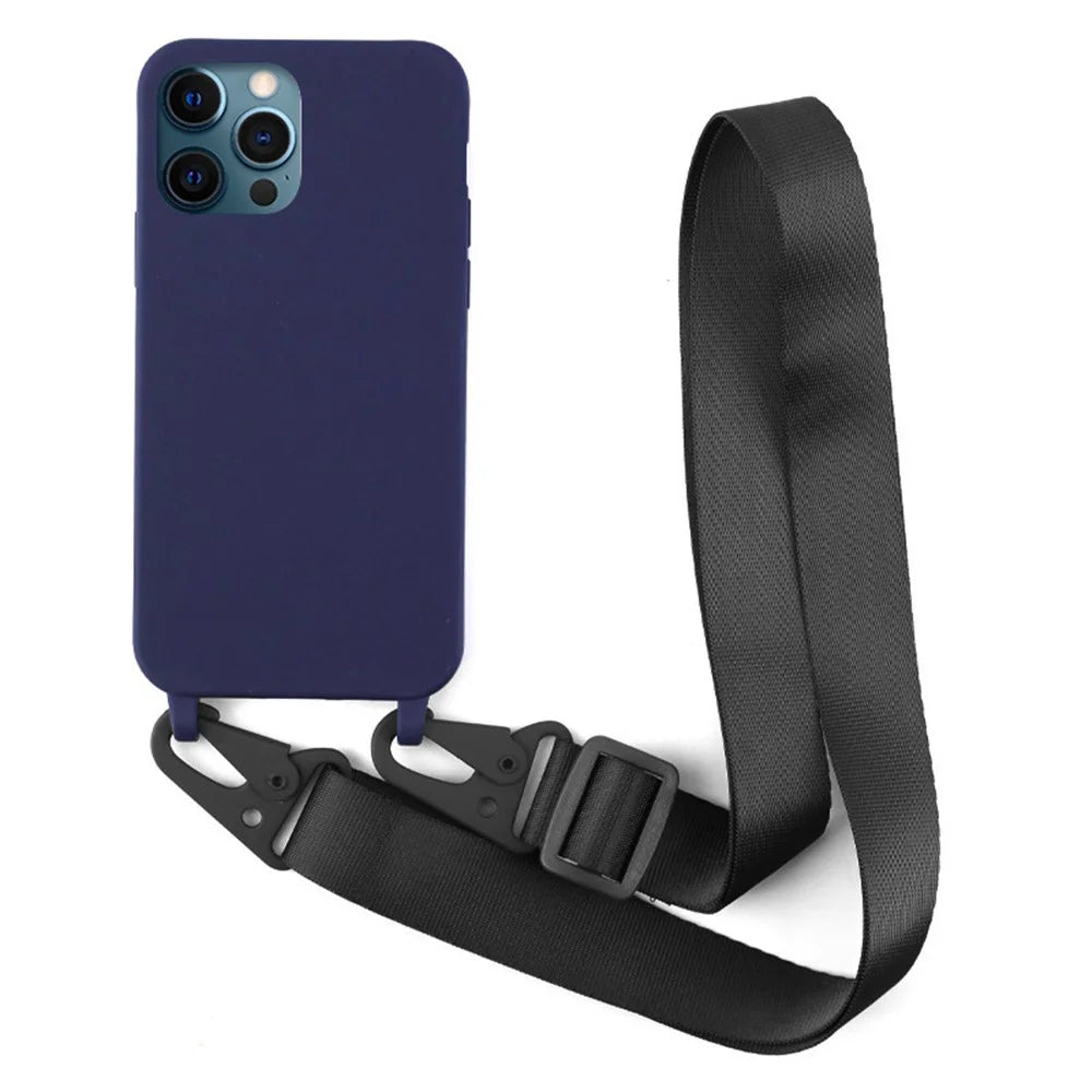 For iPhone 12 Pro Max 6.7 inch Matte Surface Smooth Flexible TPU Protective Phone Cover with Adjustable Strap - Dark Blue - 1