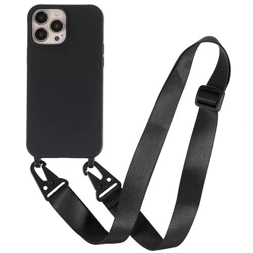 For iPhone 13 Pro Max 6.7 inch Shoulder Strap Design Matte Drop-proof Mobile Phone Case Soft TPU Cover - Black - 1