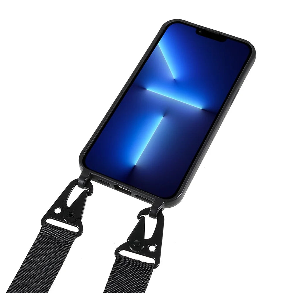 For iPhone 13 Pro Max 6.7 inch Shoulder Strap Design Matte Drop-proof Mobile Phone Case Soft TPU Cover - Black - 2