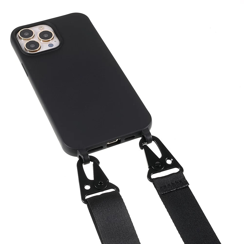 For iPhone 13 Pro Max 6.7 inch Shoulder Strap Design Matte Drop-proof Mobile Phone Case Soft TPU Cover - Black - 3