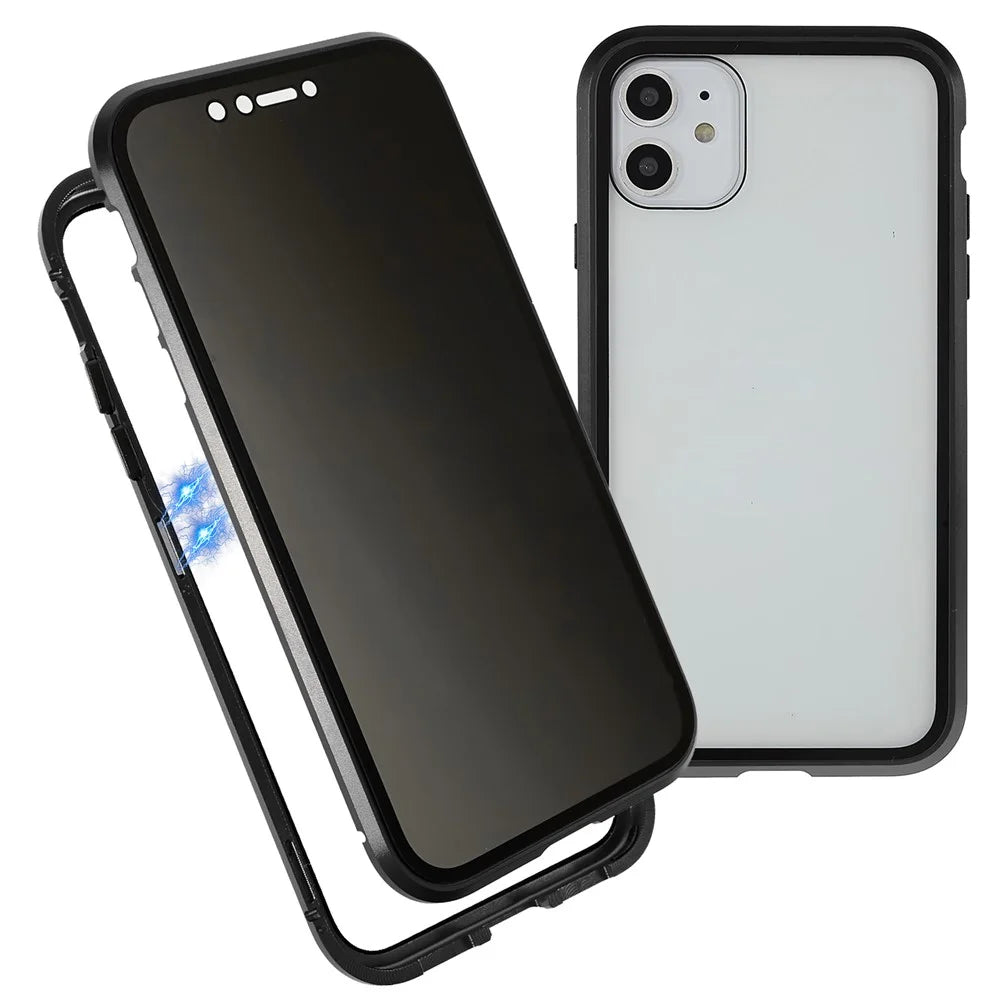 For iPhone 11 6.1 inch Anti-Peeping Magnetic Case Double-Sided Tempered Glass + Magnet Absorption Metal Bumper Frame Full Body Protection Cover - Black - 1