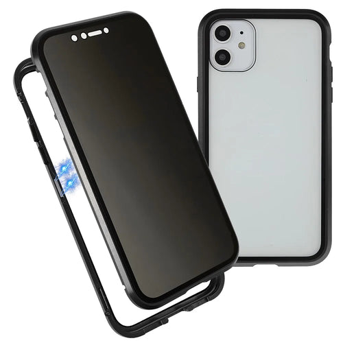For iPhone 11 6.1 inch Anti-Peeping Magnetic Case Double-Sided Tempered Glass + Magnet Absorption Metal Bumper Frame Full Body Protection Cover - Black - 1