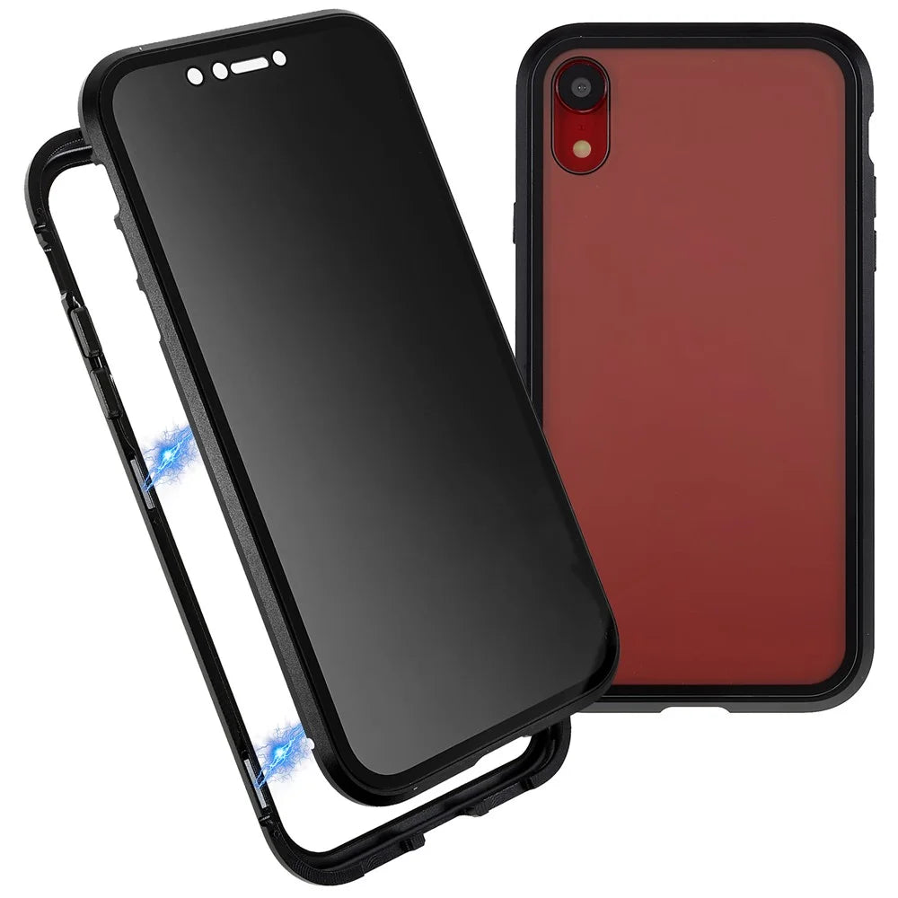 For iPhone XR 6.1 inch Privacy Magnetic Case Anti-Peeping Double-Sided Tempered Glass + Metal Bumper Frame Full Protective Phone Cover - Black - 1