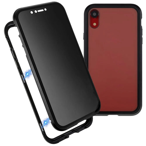 For iPhone XR 6.1 inch Privacy Magnetic Case Anti-Peeping Double-Sided Tempered Glass + Metal Bumper Frame Full Protective Phone Cover - Black - 1