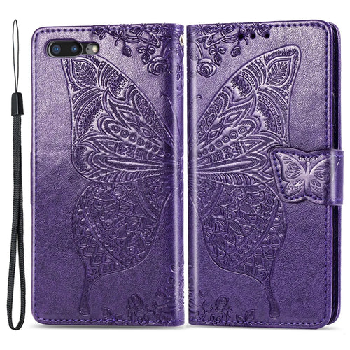For iPhone 7 Plus / 8 Plus 5.5 inch Butterfly Flower Pattern Imprinted PU Leather Magnetic Flip Cover Viewing Stand Hand Strap Wallet Purse Case with Strap - Purple - 1