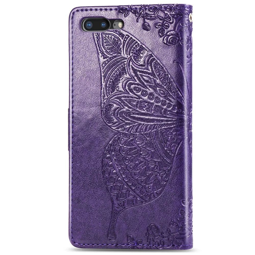 For iPhone 7 Plus / 8 Plus 5.5 inch Butterfly Flower Pattern Imprinted PU Leather Magnetic Flip Cover Viewing Stand Hand Strap Wallet Purse Case with Strap - Purple - 3