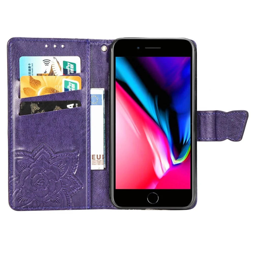 For iPhone 7 Plus / 8 Plus 5.5 inch Butterfly Flower Pattern Imprinted PU Leather Magnetic Flip Cover Viewing Stand Hand Strap Wallet Purse Case with Strap - Purple - 4