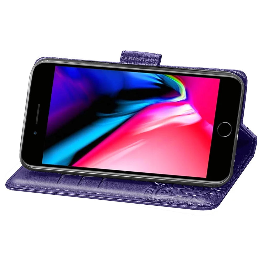 For iPhone 7 Plus / 8 Plus 5.5 inch Butterfly Flower Pattern Imprinted PU Leather Magnetic Flip Cover Viewing Stand Hand Strap Wallet Purse Case with Strap - Purple - 5