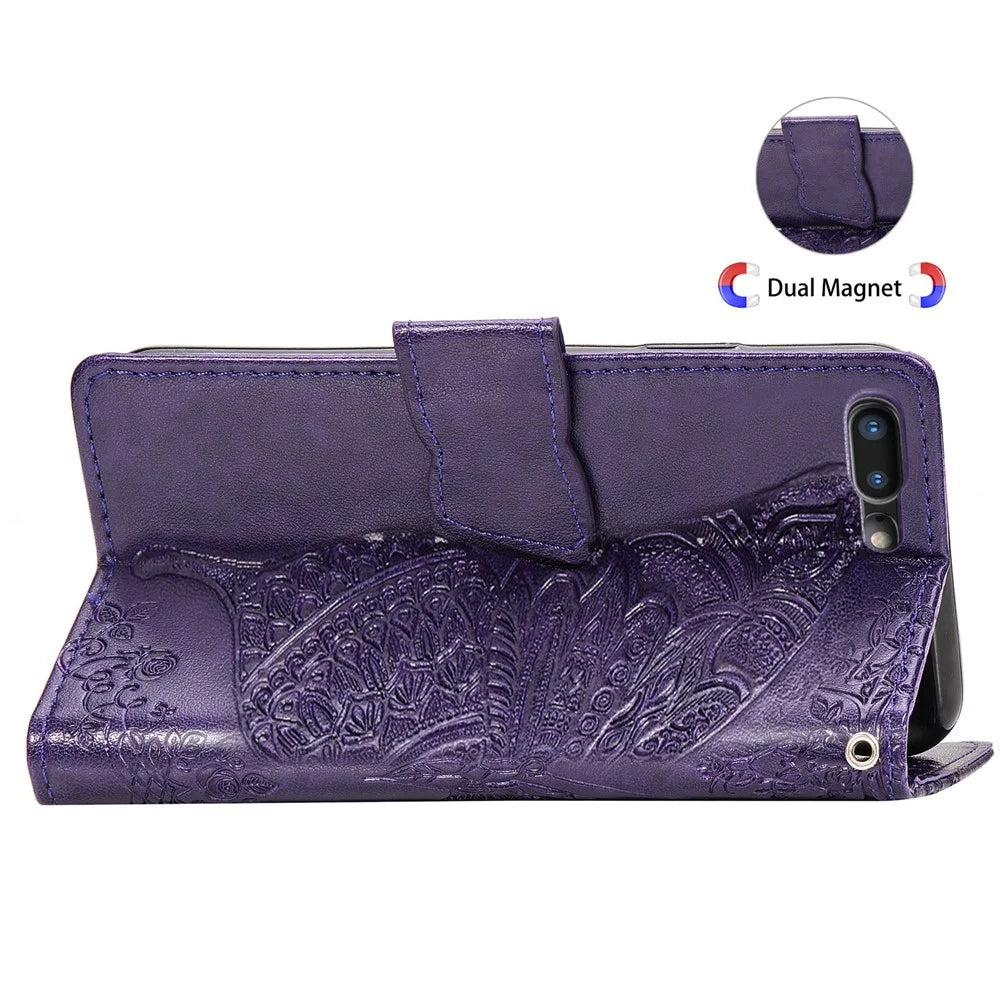 For iPhone 7 Plus / 8 Plus 5.5 inch Butterfly Flower Pattern Imprinted PU Leather Magnetic Flip Cover Viewing Stand Hand Strap Wallet Purse Case with Strap - Purple - 6
