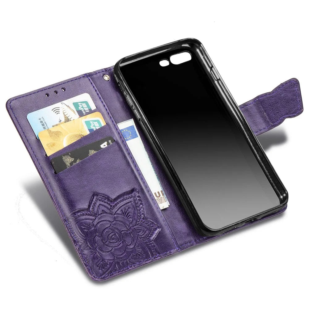 For iPhone 7 Plus / 8 Plus 5.5 inch Butterfly Flower Pattern Imprinted PU Leather Magnetic Flip Cover Viewing Stand Hand Strap Wallet Purse Case with Strap - Purple - 7