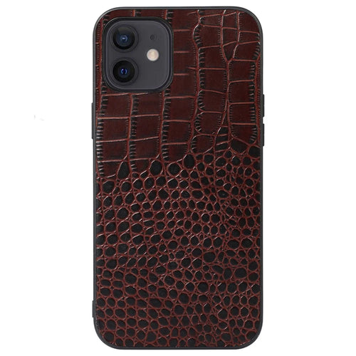 For iPhone 12 6.1 inch/12 Pro 6.1 inch Genuine Cowhide Leather Coating Phone Case Crocodile Texture PC + TPU Hybrid Cover - Coffee - 1