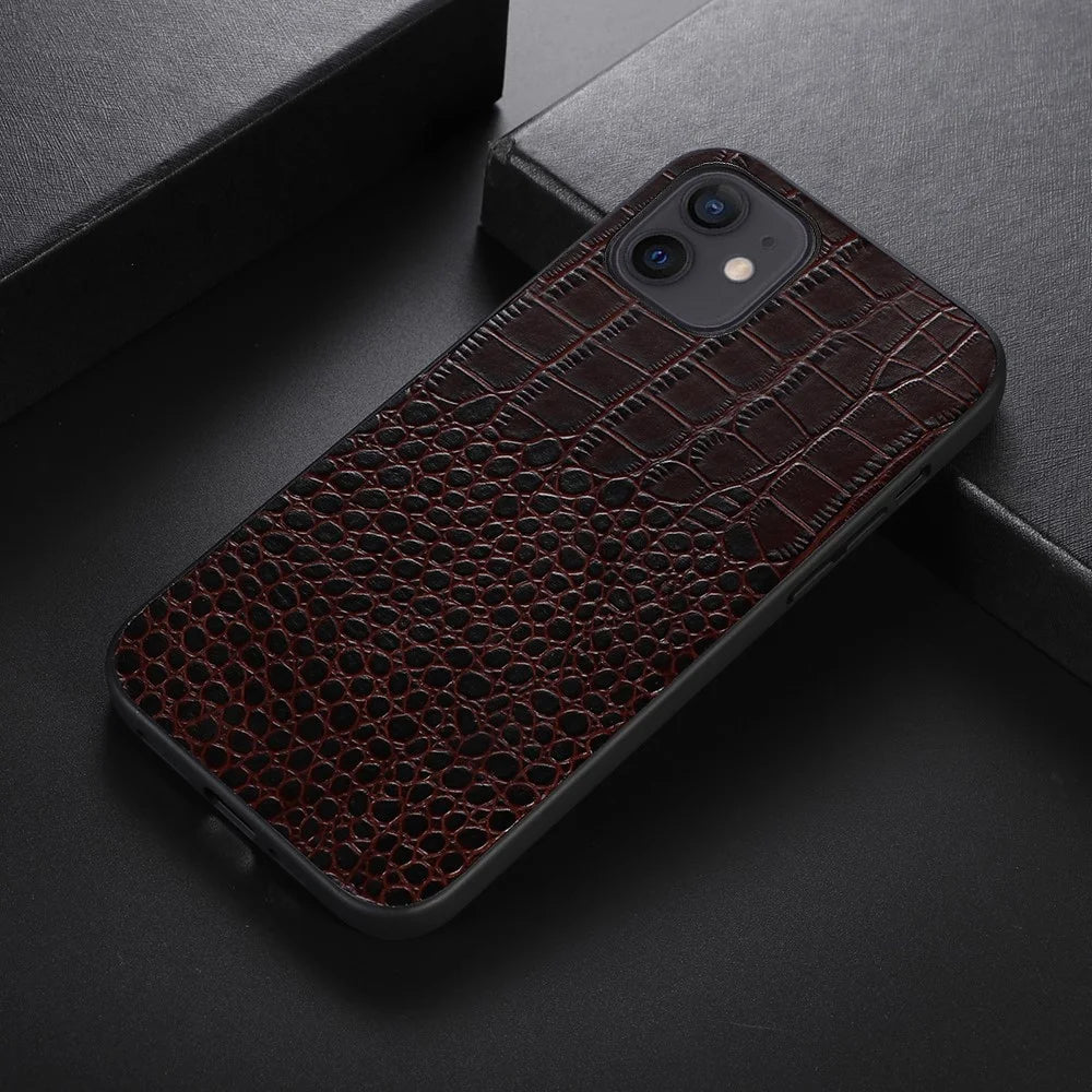 For iPhone 12 6.1 inch/12 Pro 6.1 inch Genuine Cowhide Leather Coating Phone Case Crocodile Texture PC + TPU Hybrid Cover - Coffee - 2