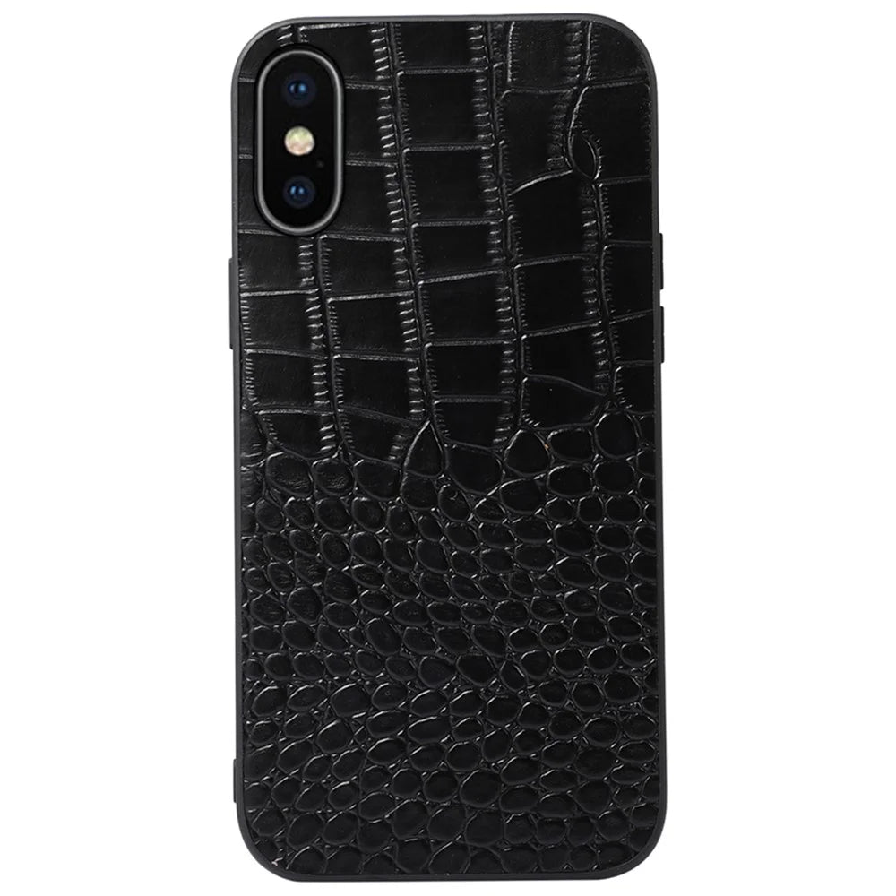 For iPhone XS Max 6.5 inch Crocodile Texture Phone Cover Genuine Cowhide Leather Coated PC + TPU Hybrid Case - Black - 1