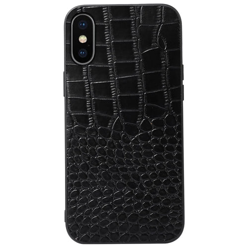 For iPhone XS Max 6.5 inch Crocodile Texture Phone Cover Genuine Cowhide Leather Coated PC + TPU Hybrid Case - Black - 1